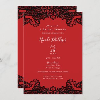 Red & Black Lace Elegant Chic Bridal Shower     Invitation by printabledigidesigns at Zazzle