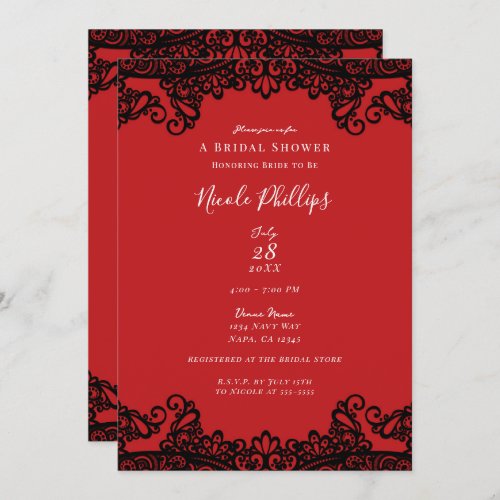 Red  Black Lace Elegant Chic Bridal Shower     Invitation