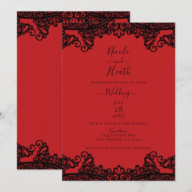 Red & Black Lace Elegant Wedding    Invitation (Front/Back)