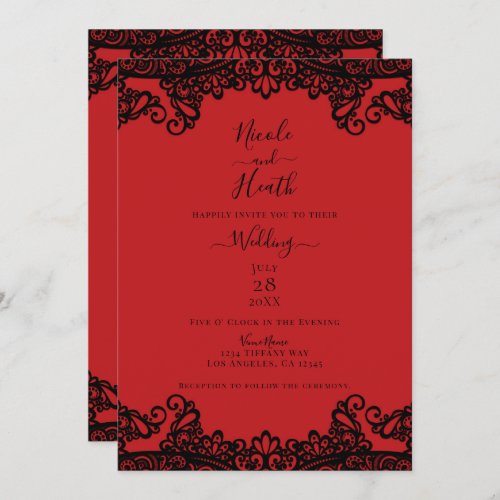 Red  Black Lace Elegant Wedding    Invitation