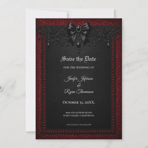 Red Black Lace Gothic Save the date invitation