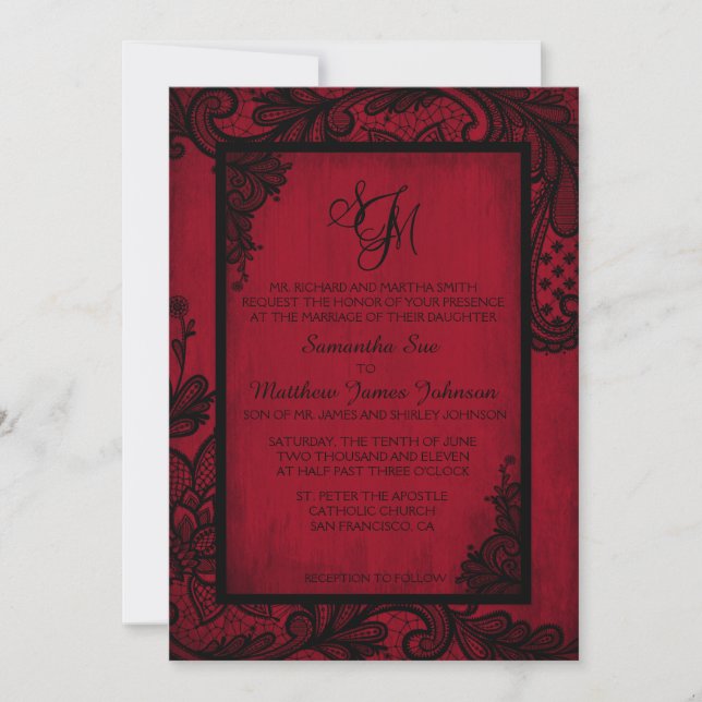 Red Black Lace Gothic Wedding Invitation Card (Front)