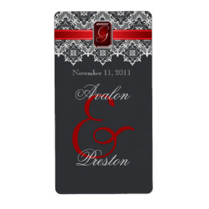 Red & Black Lace Jeweled Wedding Wine Label