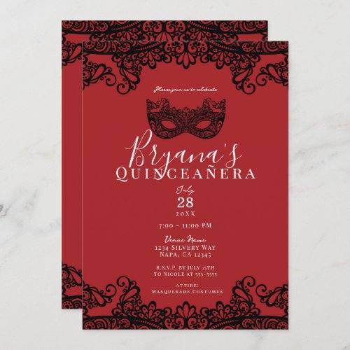 Red  Black Lace Masquerade 15 15th Quinceaera  Invitation