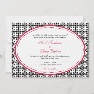Red black lace oval beaded preppy custom wedding invitation