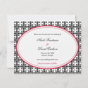 Red black lace oval preppy wedding save the date