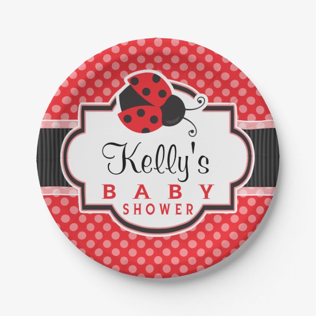 Red & Black Ladybug; Cute Baby Shower Paper Plates (Front)