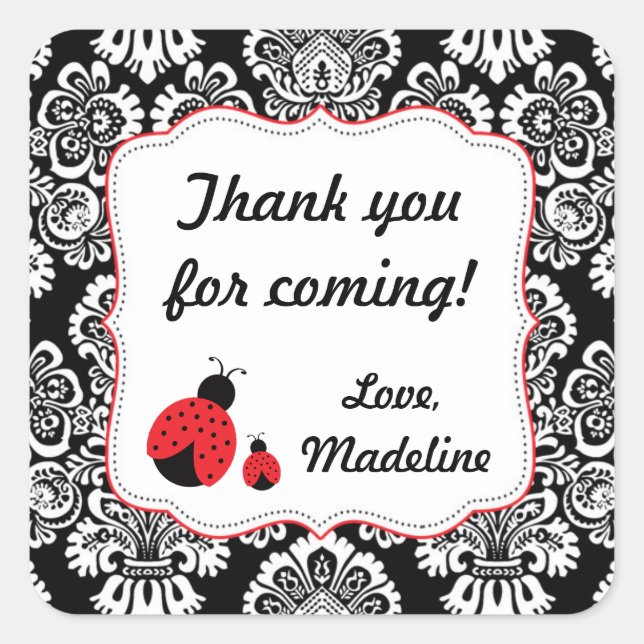 Red Black Ladybug Damask baby shower favor sticker (Front)