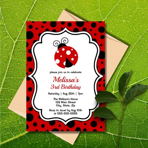 Red Black Ladybug Frame Polka Dots Kids Birthday  Invitation