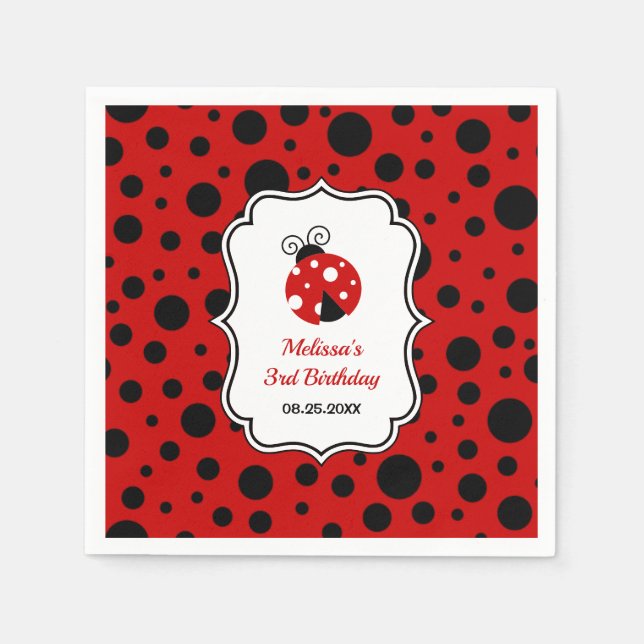 Red Black Ladybug Frame Polka Dots Kids Birthday  Napkins (Front)