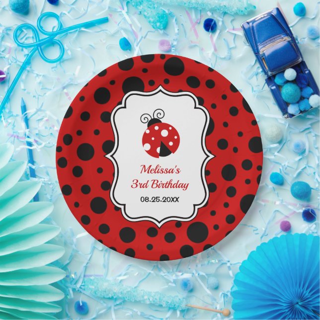 Red Black Ladybug Frame Polka Dots Kids Birthday  Paper Plates (Party)