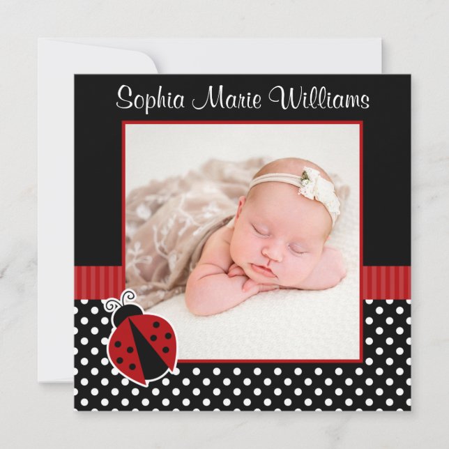 Red Black Ladybug Photo Birth Announcement (Front)