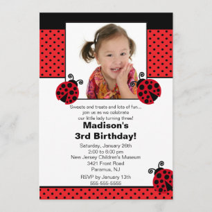 Red & Black Ladybug Photo Birthday Invitation