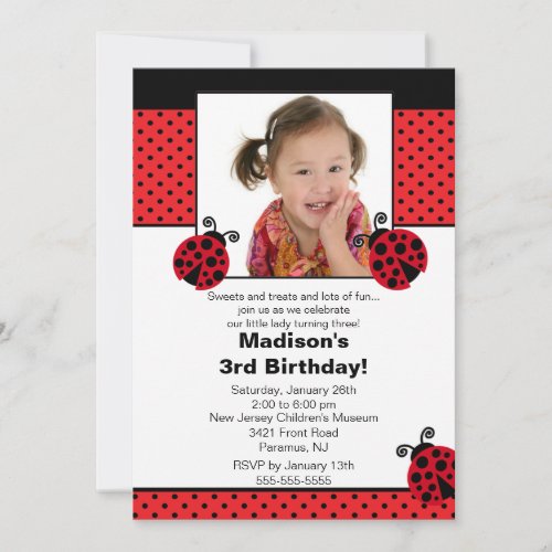 Red  Black Ladybug Photo Birthday Invitation