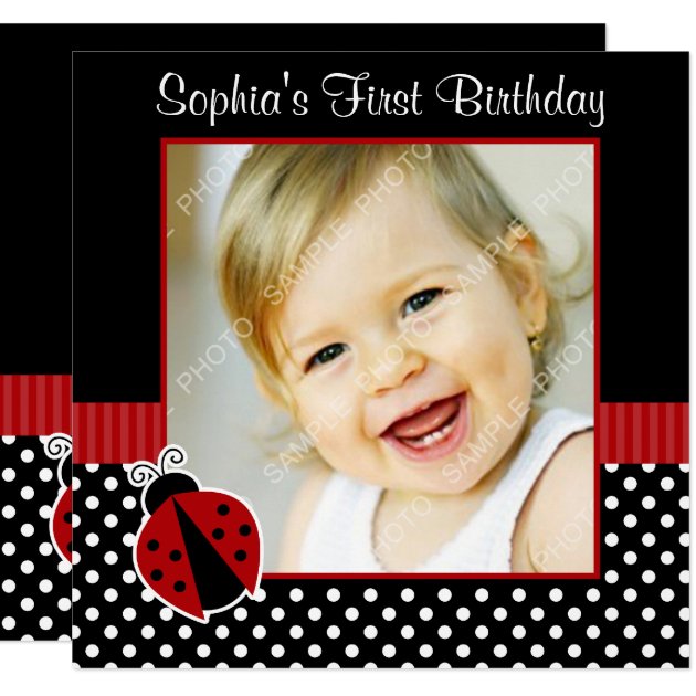 Red Black Ladybug Polka Dot 1st Birthday Photo Card