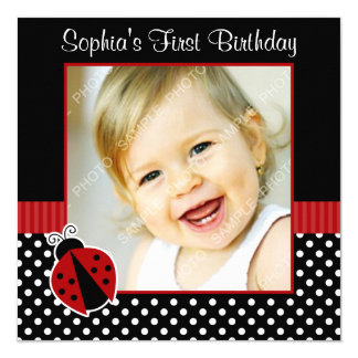 Red Black Ladybug Polka Dot 1st Birthday Photo Card
