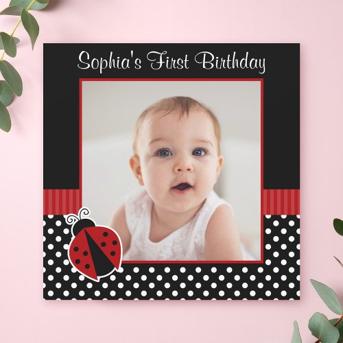 Red Black Ladybug Polka Dot 1st Birthday Photo Invitation