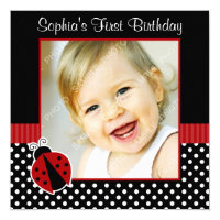 Red Black Ladybug Polka Dot 1st Birthday Photo Invitation