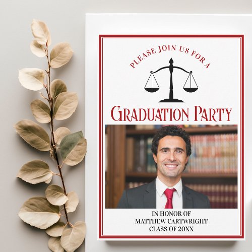 Red Black Law School Graduation Photo Party Invitation