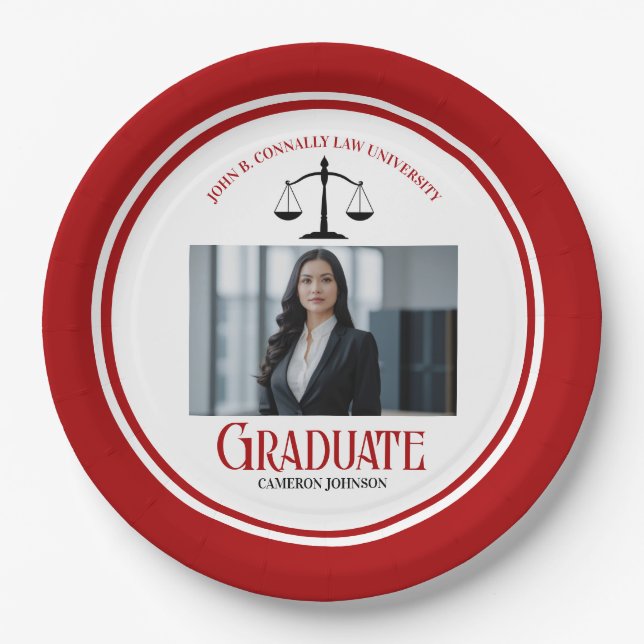 Red Black Law School Photo Graduation Party Paper Plates (Front)