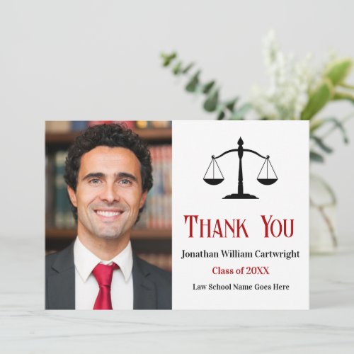 Red Black Lawyer Photo Scales of Justice Thank You Card