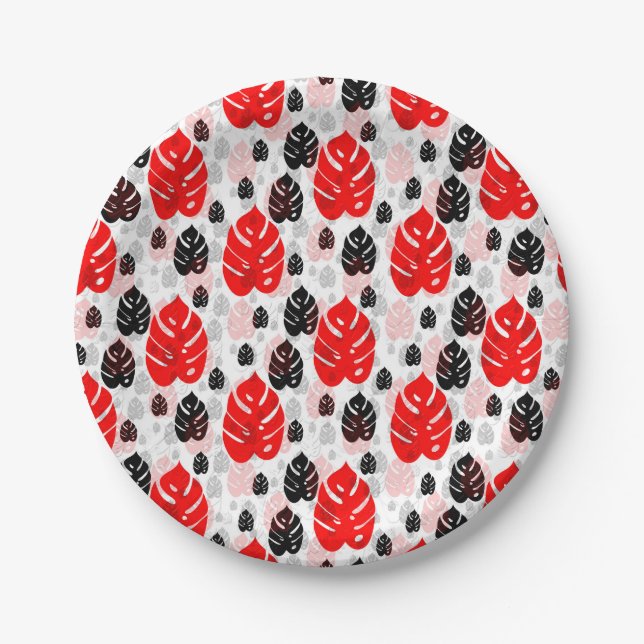 Red Black Leaf Abstract Shape Pattern Illustration Paper Plates (Front)