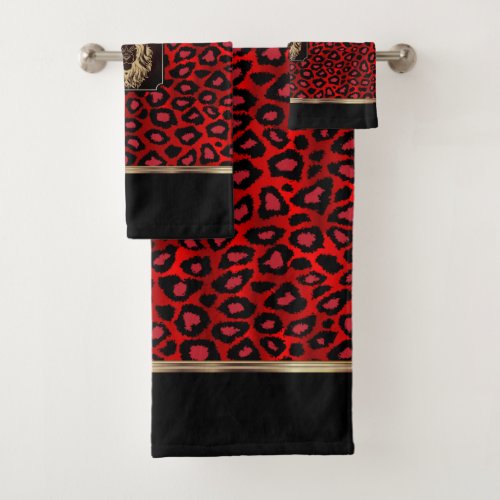 Red  Black Leopard Pattern with a Lion Head Bath  Bath Towel Set