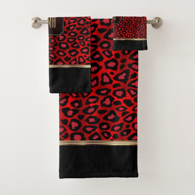Red & Black Leopard Pattern with Monogram Bath Towel Set (Insitu)