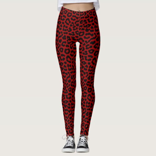Red Black Leopard Spots Print Pattern Leggings