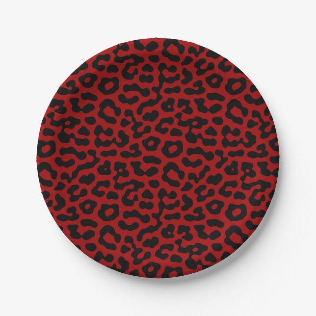 Red Black Leopard Spots Print Pattern Paper Plates (Front)