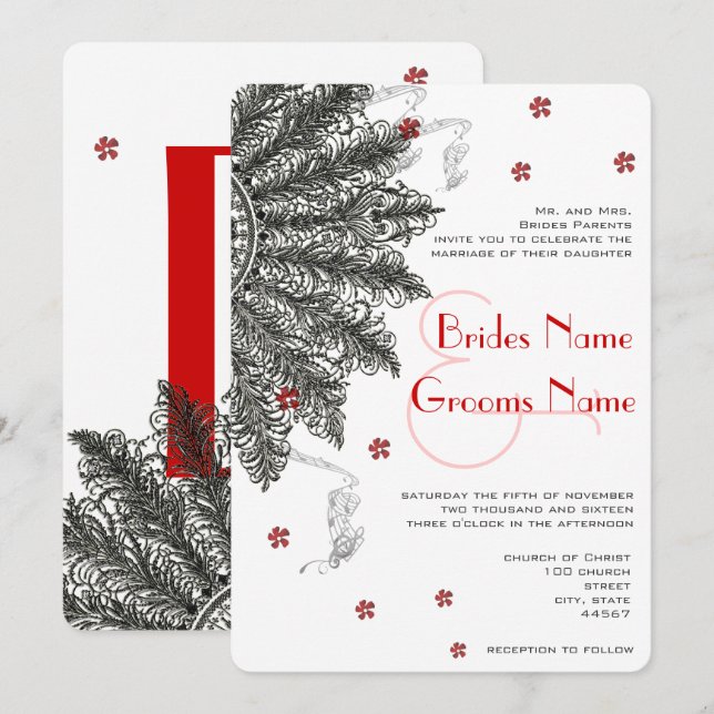 Red Black (less flowers) Fan Wedding Invitations (Front/Back)