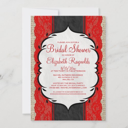 Red Black Linen Burlap Lace Bridal Shower Invites