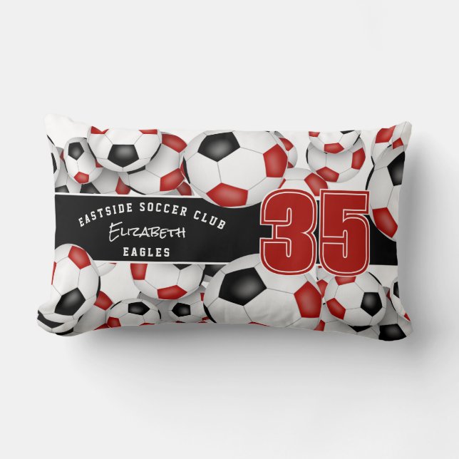 Red black lots of soccer balls team name  lumbar pillow (Front)