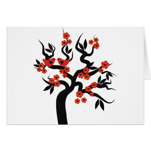 Red black Love birds sakura cherry tree & Blossoms Cards (Front Horizontal)