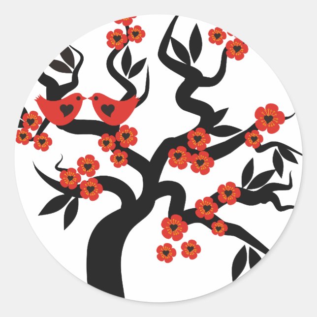 Red black Love birds sakura cherry tree & Blossoms Classic Round Sticker (Front)