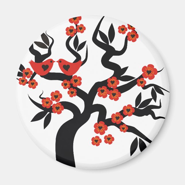 Red black Love birds sakura cherry tree & Blossoms Magnet (Front)