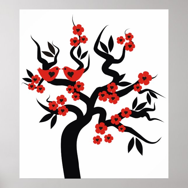 Red black Love birds sakura cherry tree & Blossoms Poster (Front)