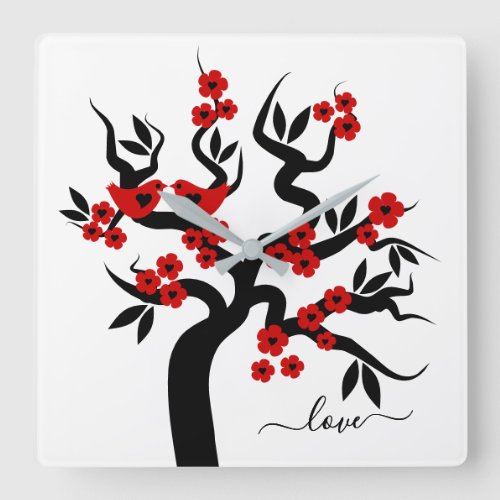 Red black Love birds sakura cherry tree  blossoms Square Wall Clock