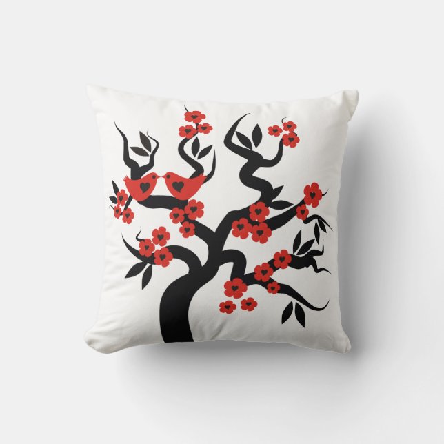 Red black Love birds sakura cherry tree & blossoms Throw Pillow (Front)