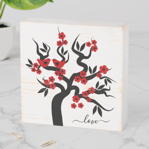 Red black Love birds sakura cherry tree  blossoms Wooden Box Sign