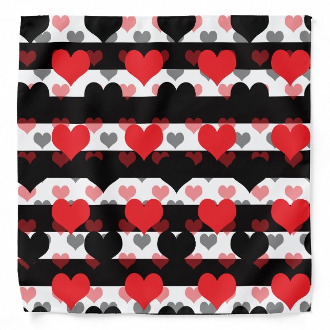 Red Black Love Hearts With Black White Stripes  Bandana (Front)
