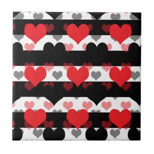 Red Black Love Hearts With Black White Stripes Ceramic Tile