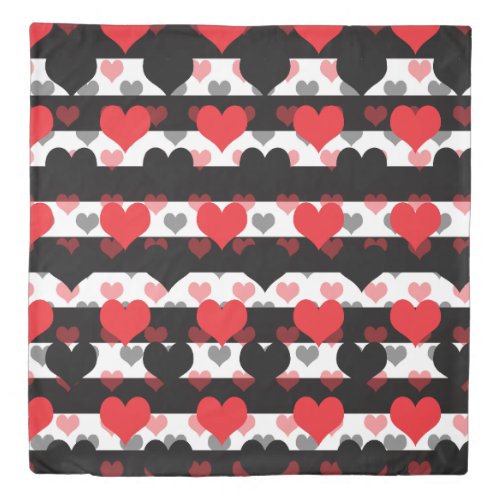 Red Black Love Hearts With Black White Stripes  Duvet Cover