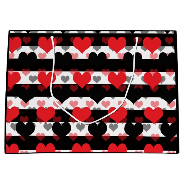 Red Black Love Hearts With Black White Stripes  Large Gift Bag (Front)