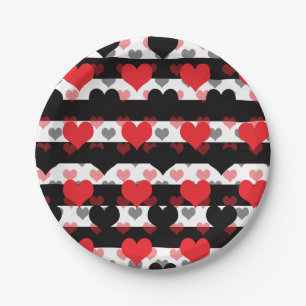 Red Black Love Hearts With Black White Stripes Paper Plates