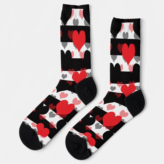 Red Black Love Hearts With Black White Stripes  Socks (Left)