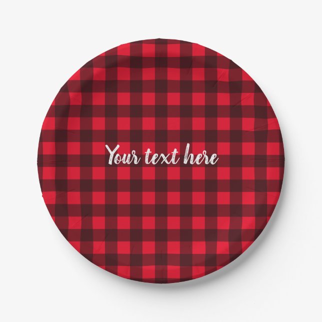 Red black lumberjack buffolo plaid theme paper plates (Front)