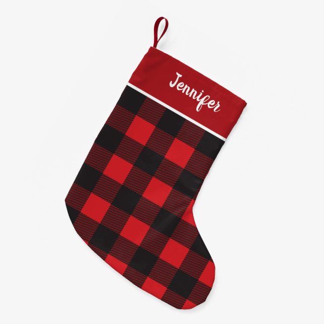 Red Black Lumberjack Pattern Custom Name Small Christmas Stocking (Front (Hanging))