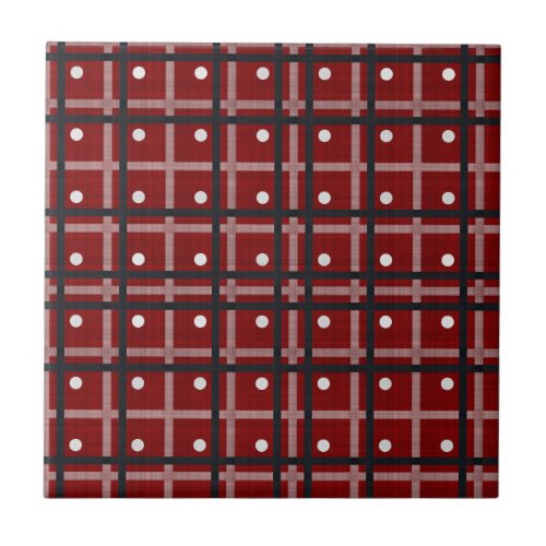 Red  Black Madras Plaid with White Polka Dots Ceramic Tile