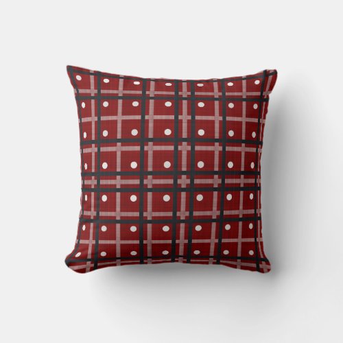 Red  Black Madras Plaid with White Polka Dots Throw Pillow